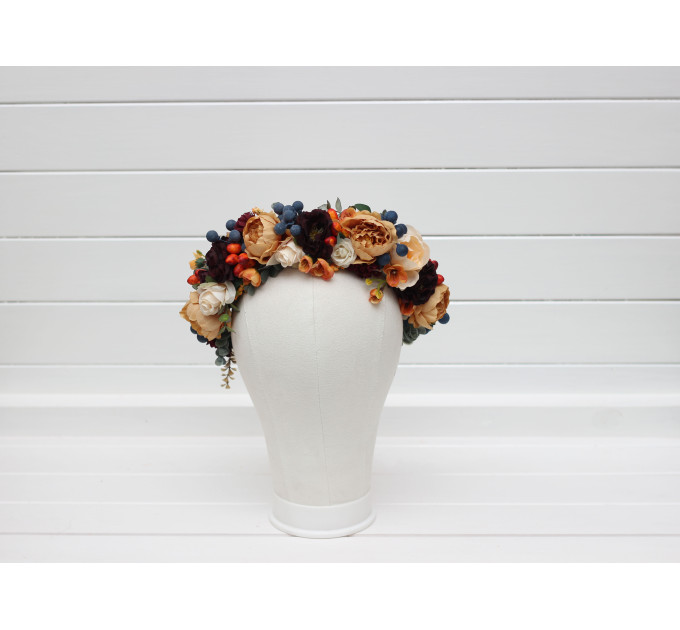 Rust, Burgundy & Ivory Flower Crown – Elegant Faux Hair Wreath for Weddings and Flower Girls
