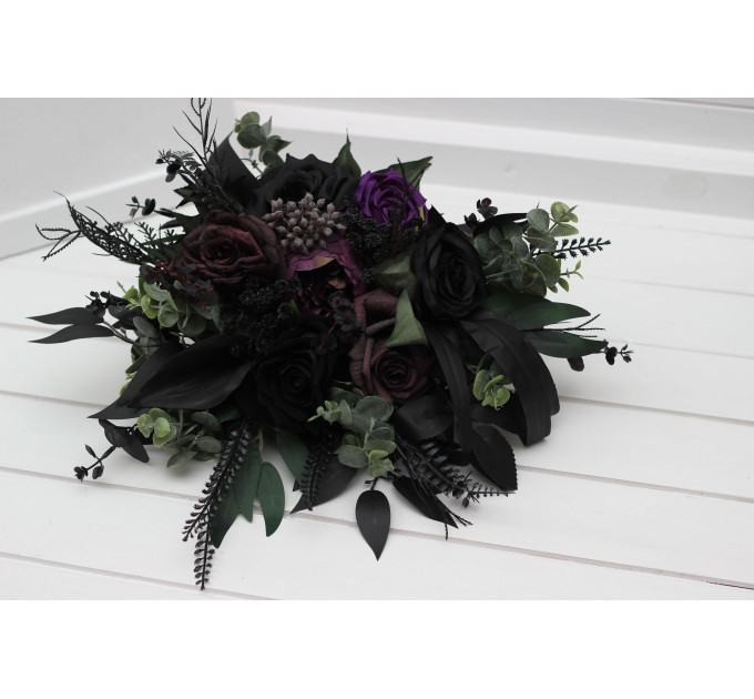 Cascading Bridal & Bridesmaid Bouquets – Gothic Faux Flowers in Deep Purple, Black & Dark Green