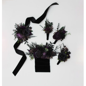 Regular boutonnieres, pocket boutonniere and wrist corsage  in deep purple royal purple black and dark green color scheme for Gothic wedding. Flower accessories. 5411