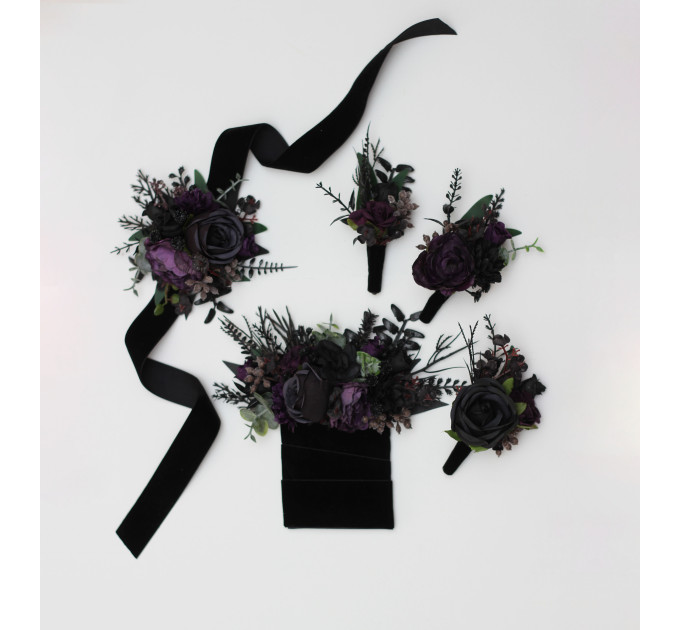 Gothic Wedding Boutonnieres & Wrist Corsages – Faux Flowers in Deep Purple, Black & Dark Green
