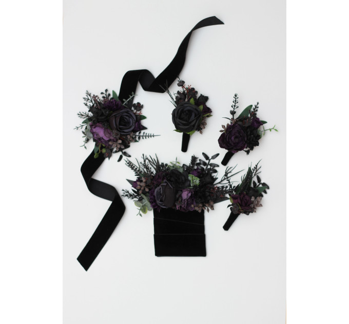 Gothic Wedding Boutonnieres & Wrist Corsages – Faux Flowers in Deep Purple, Black & Dark Green
