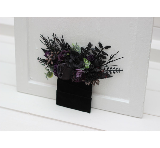 Gothic Wedding Boutonnieres & Wrist Corsages – Faux Flowers in Deep Purple, Black & Dark Green