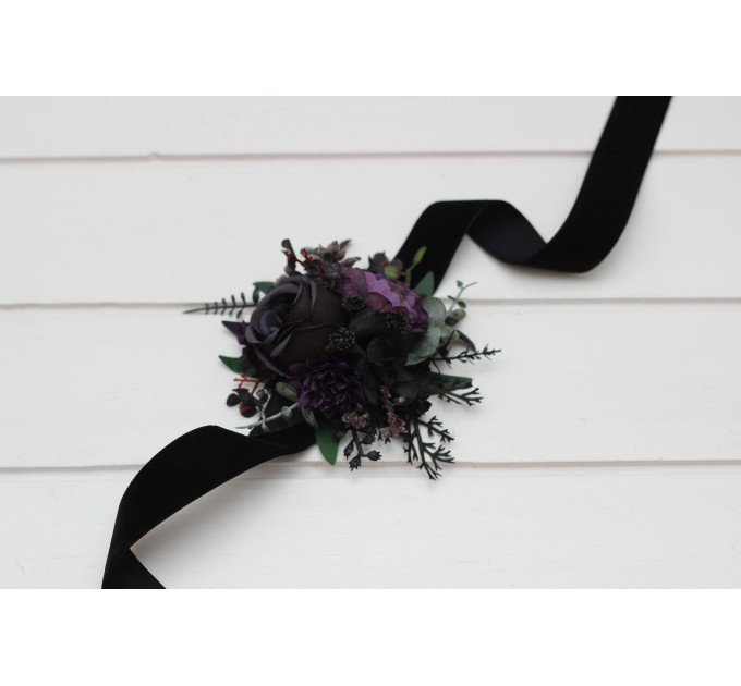 Gothic Wedding Boutonnieres & Wrist Corsages – Faux Flowers in Deep Purple, Black & Dark Green