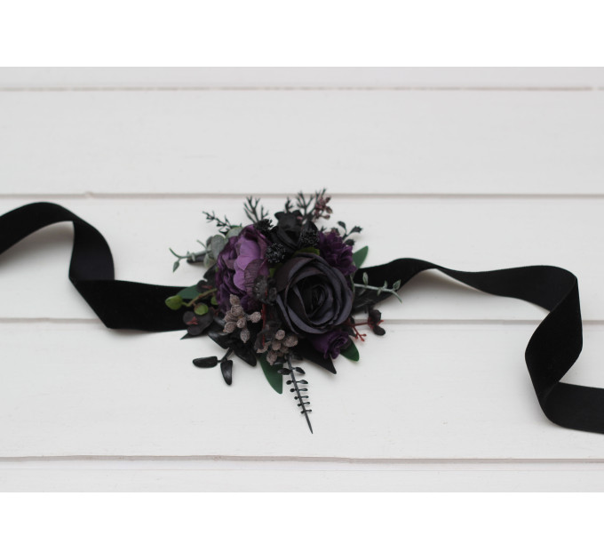 Gothic Wedding Boutonnieres & Wrist Corsages – Faux Flowers in Deep Purple, Black & Dark Green