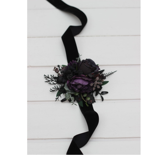 Gothic Wedding Boutonnieres & Wrist Corsages – Faux Flowers in Deep Purple, Black & Dark Green