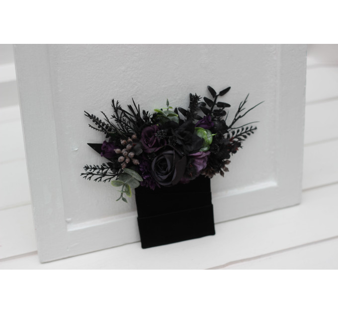 Gothic Wedding Boutonnieres & Wrist Corsages – Faux Flowers in Deep Purple, Black & Dark Green