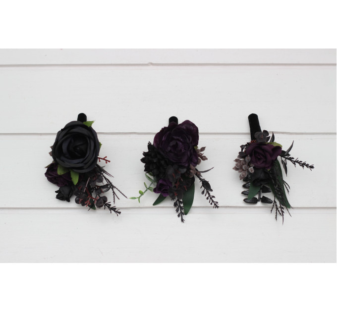 Gothic Wedding Boutonnieres & Wrist Corsages – Faux Flowers in Deep Purple, Black & Dark Green