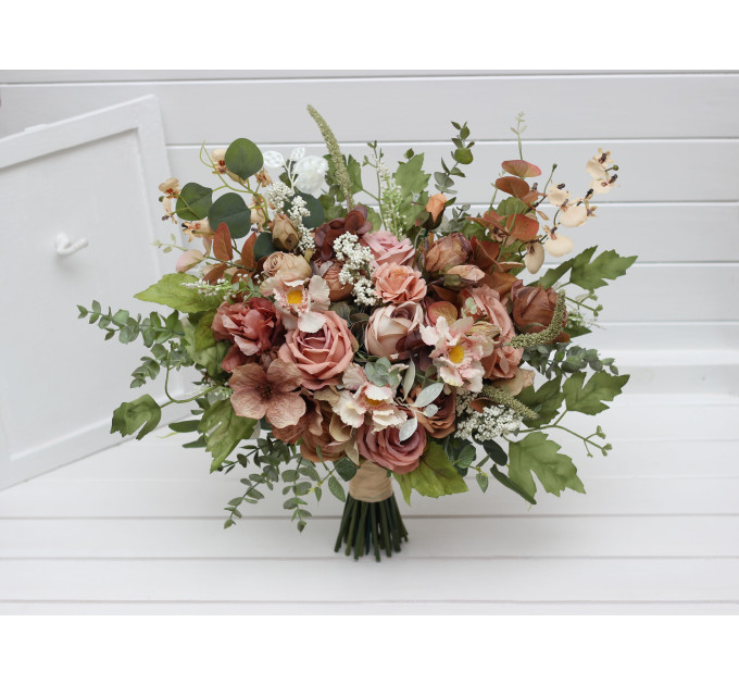 Dusty Rose, Olive, Beige & Brown Bridal Bouquet – Elegant Faux Blooms for Bride and Bridesmaids
