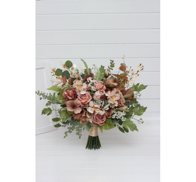 Dusty Rose, Olive, Beige & Brown Bridal Bouquet – Elegant Faux Blooms for Bride and Bridesmaids