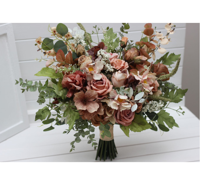 Dusty Rose, Olive, Beige & Brown Bridal Bouquet – Elegant Faux Blooms for Bride and Bridesmaids