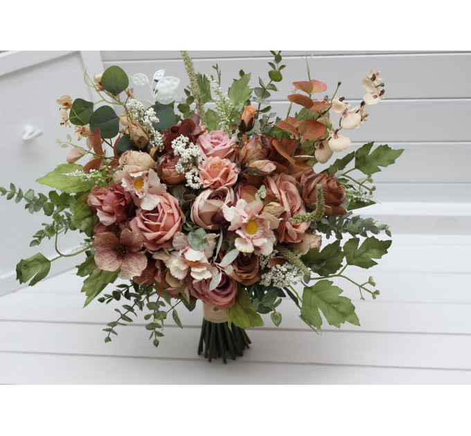 Dusty Rose, Olive, Beige & Brown Bridal Bouquet – Elegant Faux Blooms for Bride and Bridesmaids