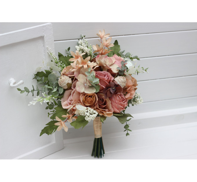 Dusty Rose, Olive, Beige & Brown Bridal Bouquet – Elegant Faux Blooms for Bride and Bridesmaids