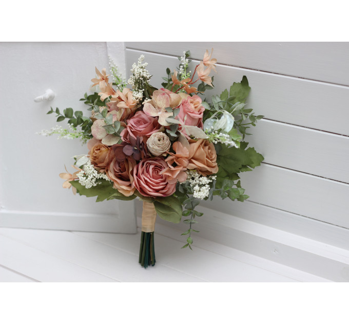 Dusty Rose, Olive, Beige & Brown Bridal Bouquet – Elegant Faux Blooms for Bride and Bridesmaids
