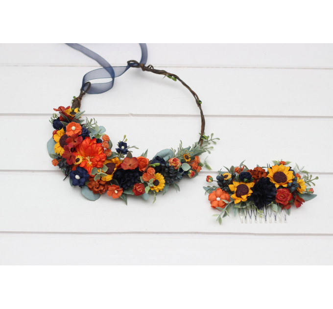 Burnt Orange, Rust & Navy Blue Flower Crown with Sunflowers – Faux Hair Wreath for Weddings and Flower Girls