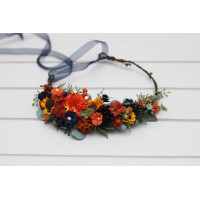Burnt orange rust navy blue  flower crown with sunflowers. Hair wreath. Flower girl crown. Wedding flowers. 5410