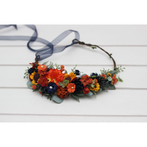 Burnt orange rust navy blue  flower crown with sunflowers. Hair wreath. Flower girl crown. Wedding flowers. 5410