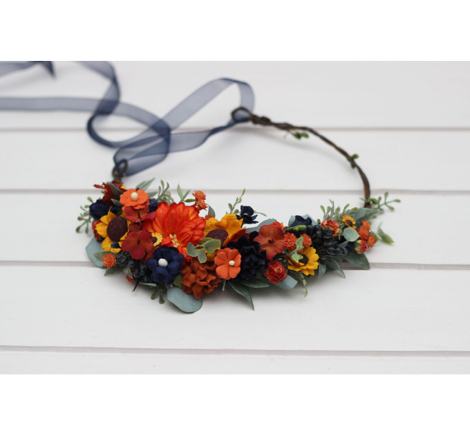 Burnt Orange, Rust & Navy Blue Flower Crown with Sunflowers – Faux Hair Wreath for Weddings and Flower Girls