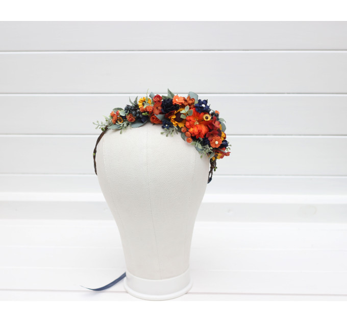 Burnt Orange, Rust & Navy Blue Flower Crown with Sunflowers – Faux Hair Wreath for Weddings and Flower Girls