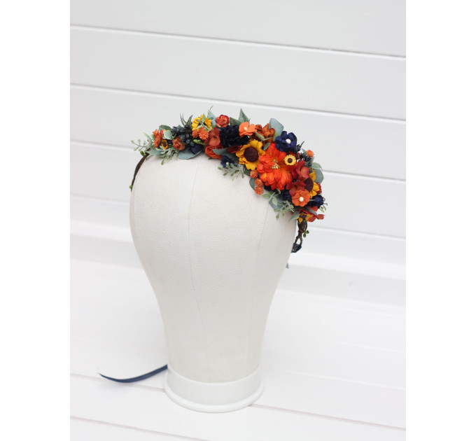Burnt Orange, Rust & Navy Blue Flower Crown with Sunflowers – Faux Hair Wreath for Weddings and Flower Girls