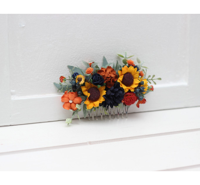 Burnt Orange, Rust & Navy Blue Flower Comb – Faux Hair Accessory for Bride and Bridesmaids