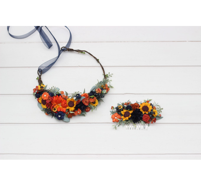 Burnt Orange, Rust & Navy Blue Flower Comb – Faux Hair Accessory for Bride and Bridesmaids