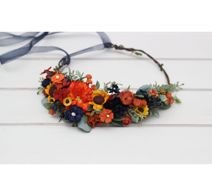 Burnt Orange, Rust & Navy Blue Flower Crown with Sunflowers – Faux Hair Wreath for Weddings and Flower Girls