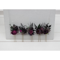  Set of  5 hair pins in black, purple, and magenta color scheme. Flower hair pins. Bridesmaid gift.  5370