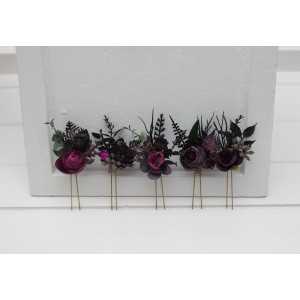  Set of  5 hair pins in black, purple, and magenta color scheme. Flower hair pins. Bridesmaid gift.  5370