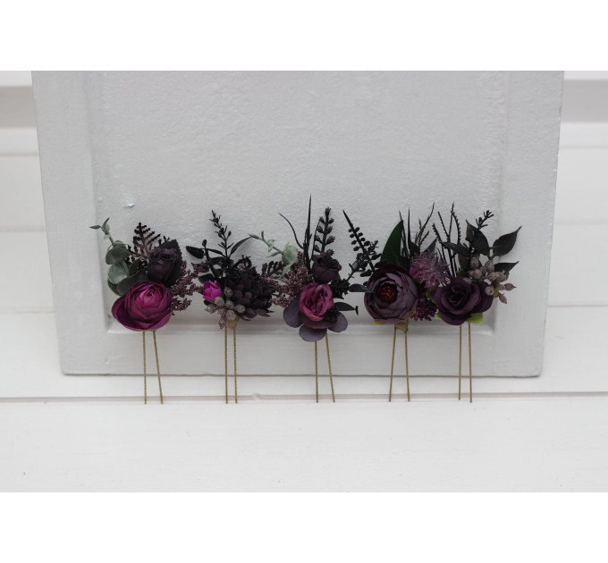 Set of 5 Black, Purple & Magenta Flower Hair Pins – Bold Wedding Hair Accessories & Bridesmaid Gifts