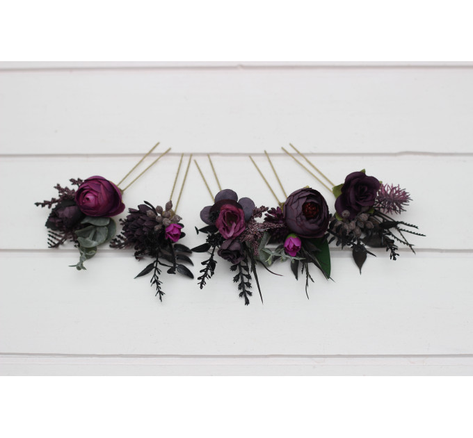 Set of 5 Black, Purple & Magenta Flower Hair Pins – Bold Wedding Hair Accessories & Bridesmaid Gifts
