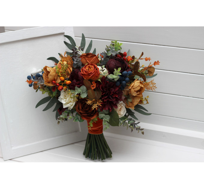 Rust, Burgundy & Ivory Wedding Bouquets – Faux Floral Elegance for Bride and Bridesmaids