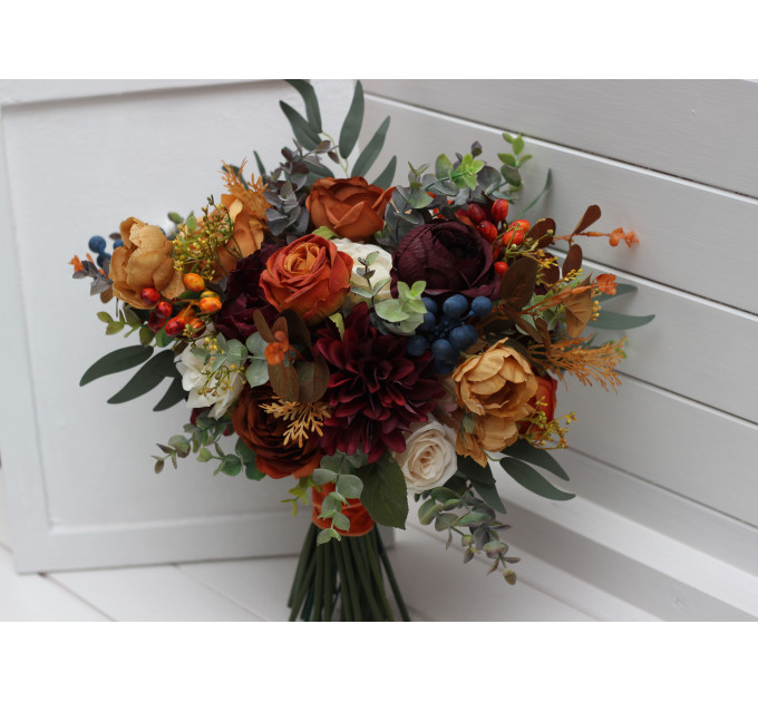 Rust, Burgundy & Ivory Wedding Bouquets – Faux Floral Elegance for Bride and Bridesmaids