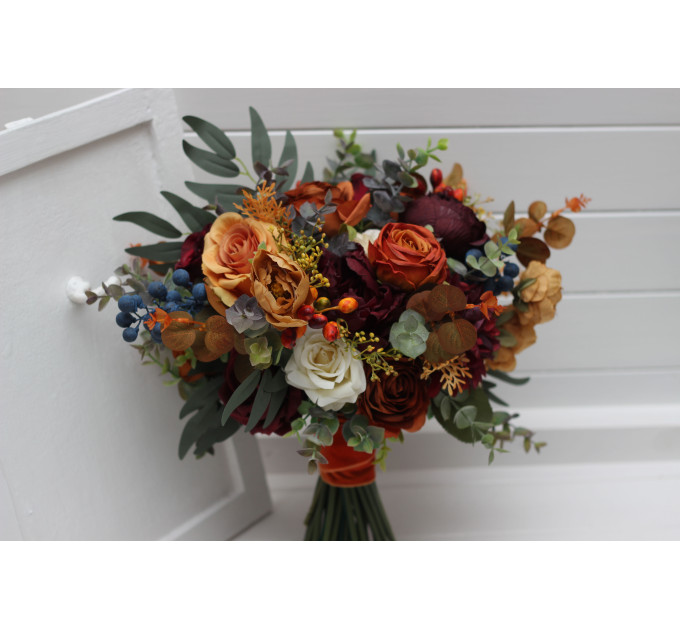 Rust, Burgundy & Ivory Wedding Bouquets – Faux Floral Elegance for Bride and Bridesmaids