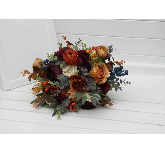 Rust, Burgundy & Ivory Wedding Bouquets – Faux Floral Elegance for Bride and Bridesmaids