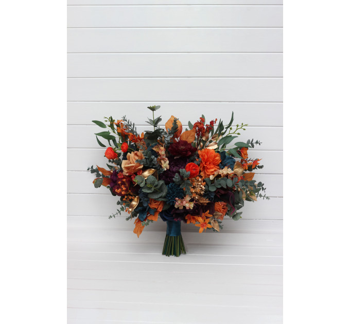 Wedding Bouquets in Teal, Rust, Gold, Plum & Mustard | Cascading Faux Bridal & Bridesmaid Bouquets