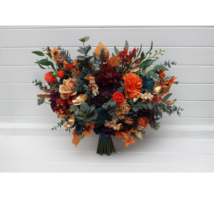 Teal, Rust, Gold, Plum & Mustard Wedding Bouquets – Jewel-Tone Faux Blooms for Bride and Bridesmaids