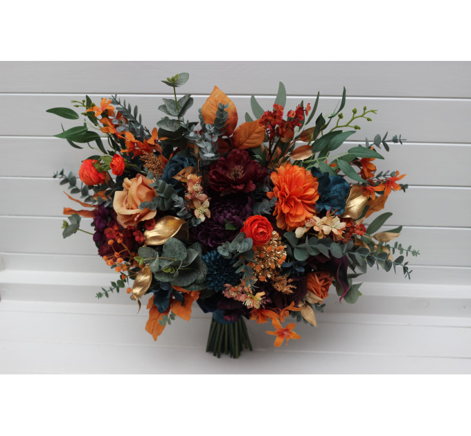 Teal, Rust, Gold, Plum & Mustard Wedding Bouquets – Jewel-Tone Faux Blooms for Bride and Bridesmaids