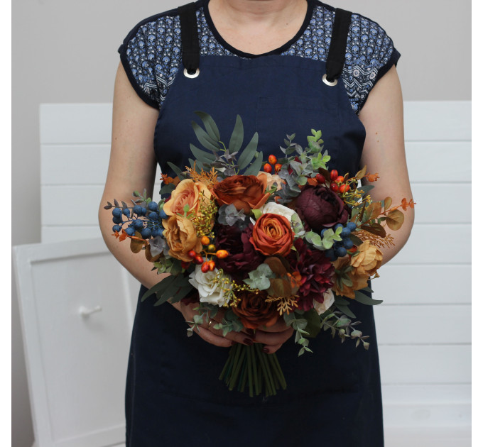 Rust, Burgundy & Ivory Wedding Bouquets – Faux Floral Elegance for Bride and Bridesmaids