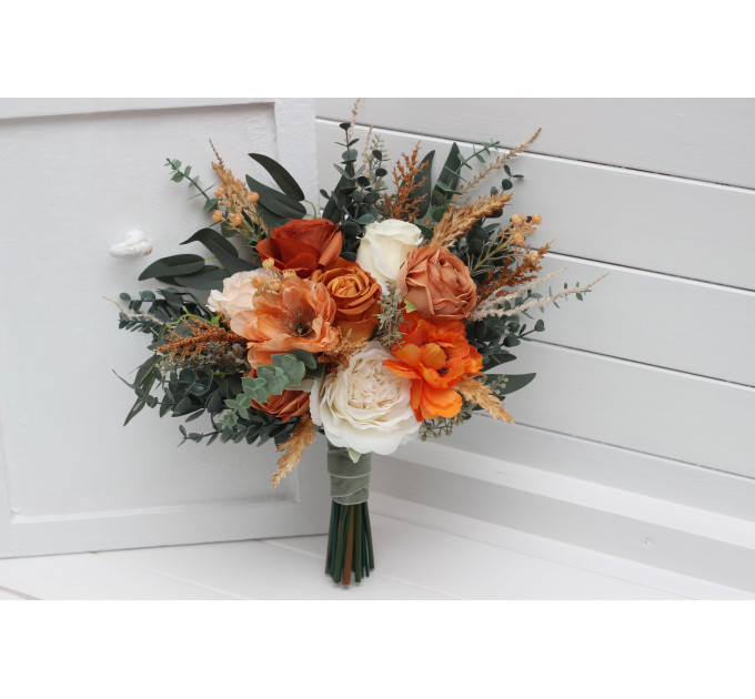 Wedding Bouquets in Burnt Orange, Ivory & Sage Green | Faux Bridal & Bridesmaid Bouquets