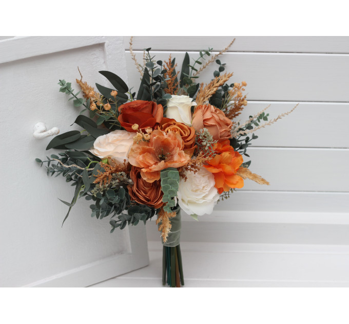 Wedding Bouquets in Burnt Orange, Ivory & Sage Green | Faux Bridal & Bridesmaid Bouquets