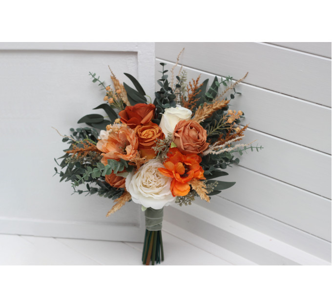 Wedding Bouquets in Burnt Orange, Ivory & Sage Green | Faux Bridal & Bridesmaid Bouquets