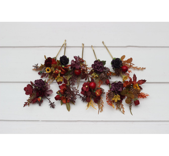 Set of 10 Burgundy, Orange & Purple Bobby Pins with Sunflowers – Wedding Hair Accessories & Bridesmaid Gifts