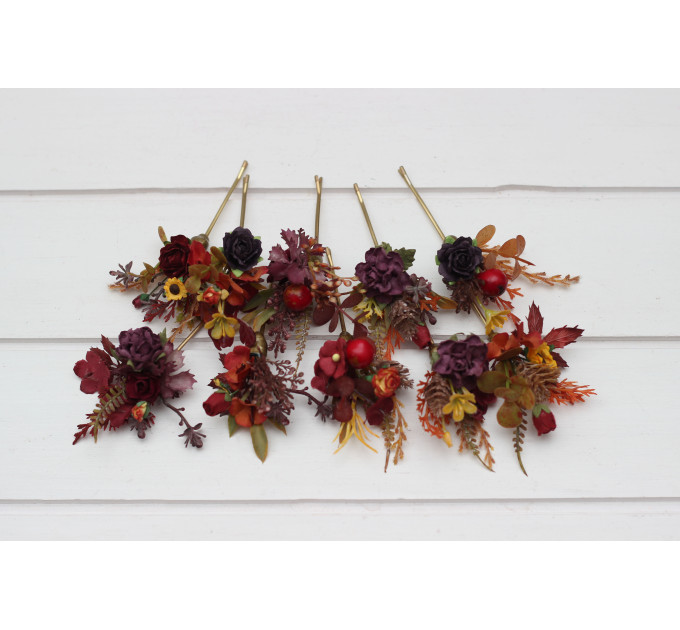 Set of 10 Burgundy, Orange & Purple Bobby Pins with Sunflowers – Wedding Hair Accessories & Bridesmaid Gifts