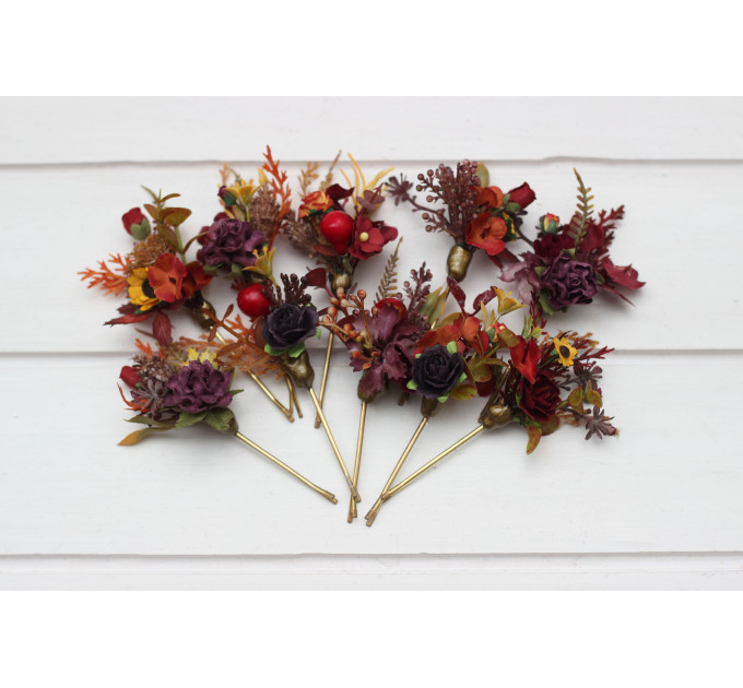 Set of 10 Burgundy, Orange & Purple Bobby Pins with Sunflowers – Wedding Hair Accessories & Bridesmaid Gifts