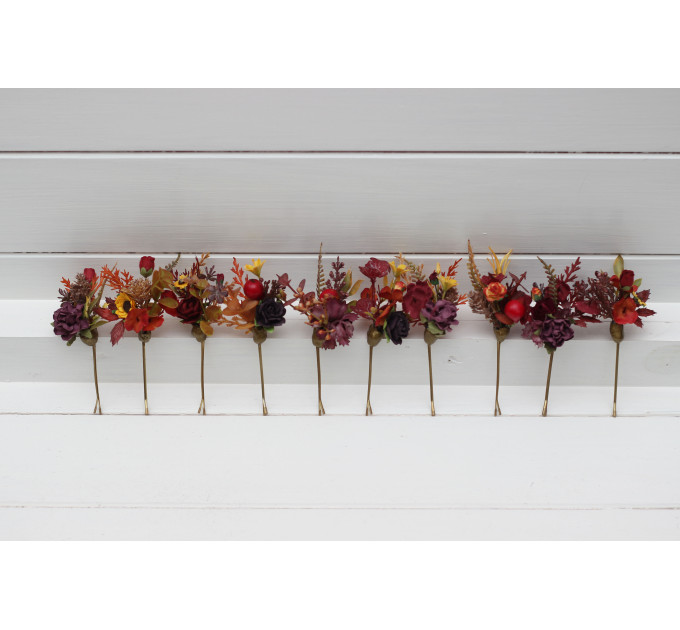 Set of 10 Burgundy, Orange & Purple Bobby Pins with Sunflowers – Wedding Hair Accessories & Bridesmaid Gifts