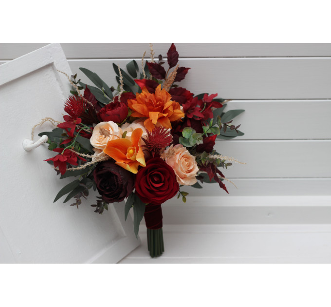 Burnt Orange, Red & Burgundy Cascading Bouquets – Faux Wedding Florals for Bride and Bridesmaids
