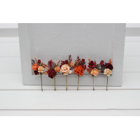  Set of 6 bobby pins in burnt orange red burgundy color scheme. Flower hair pins. Hair accessories. Flower accessories for wedding.  Bridesmaid gift.  5103