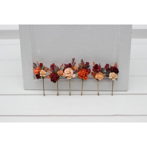  Set of 6 bobby pins in burnt orange red burgundy color scheme. Flower hair pins. Hair accessories. Flower accessories for wedding.  Bridesmaid gift.  5103