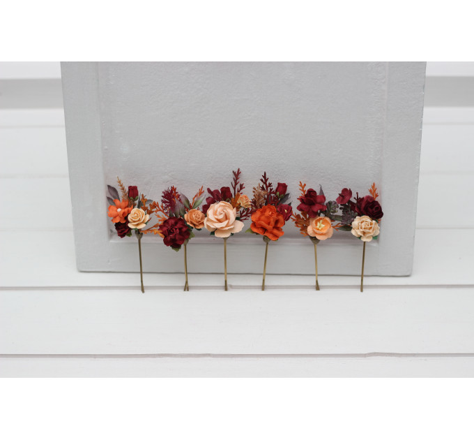 Set of 6 Burnt Orange, Red & Burgundy Flower Hair Pins – Wedding Hair Accessories & Bridesmaid Gifts