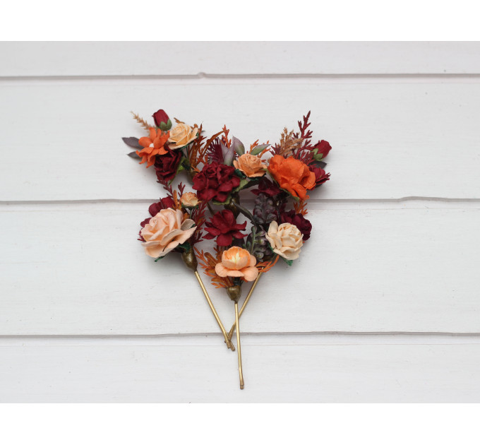 Set of 6 Burnt Orange, Red & Burgundy Flower Hair Pins – Wedding Hair Accessories & Bridesmaid Gifts